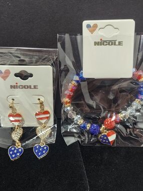 2 Piece Patriotic Heart Earrings & Bracelet Set # 1